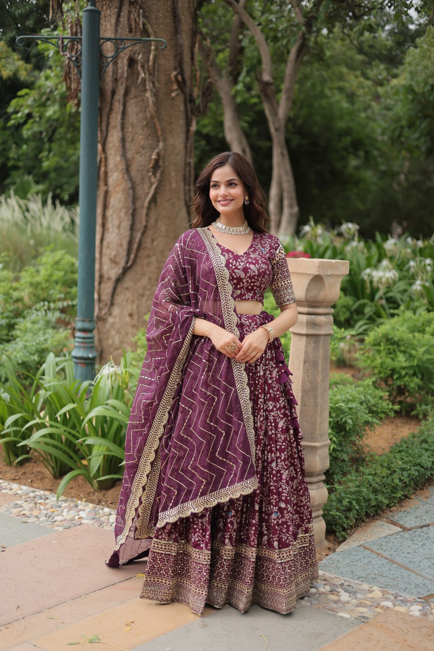 Viscose Dayble Jequard Fabric, Adorned With Intricate Sequins Embroidered Work Lehngha Collection