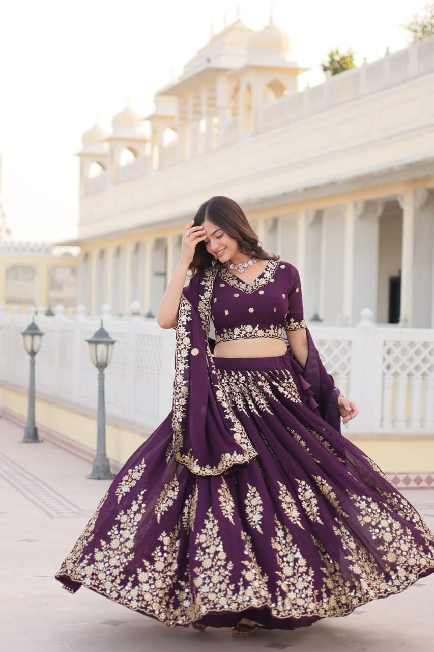 Trending Wine Embroidered Fully Flaired Georgette Lehenga Made with Rich Sequins And Thread Embroidered Work