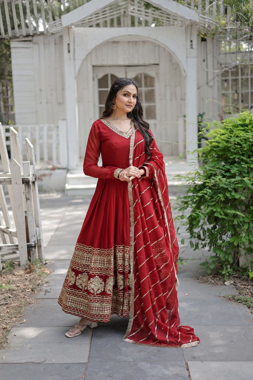 *Faux Blooming Gown with Dupatta With Attractive Embroidered Sequins work with Lace Border.