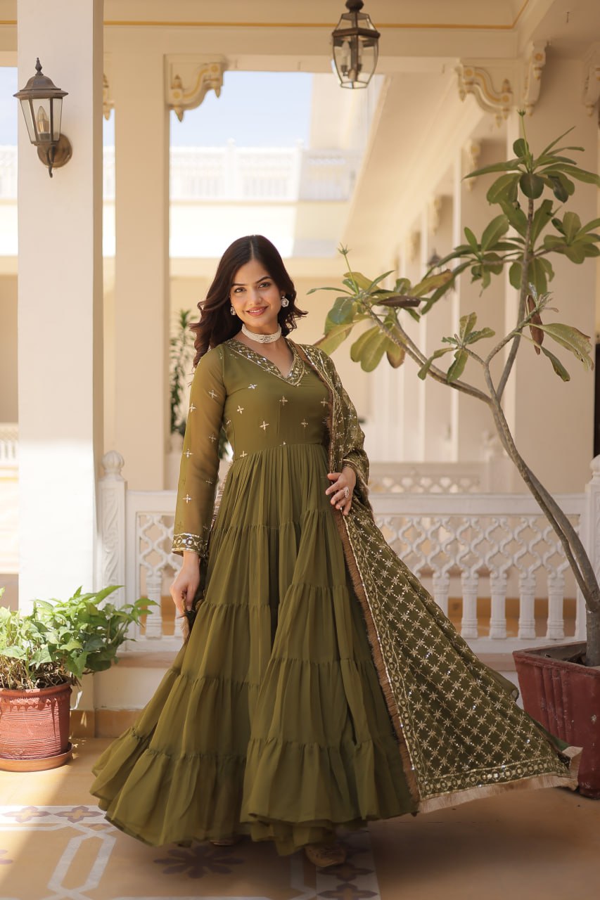 Designer Festive Wear Gown featuring Attractive Sequins Embroidery Work Gown With Dupatta