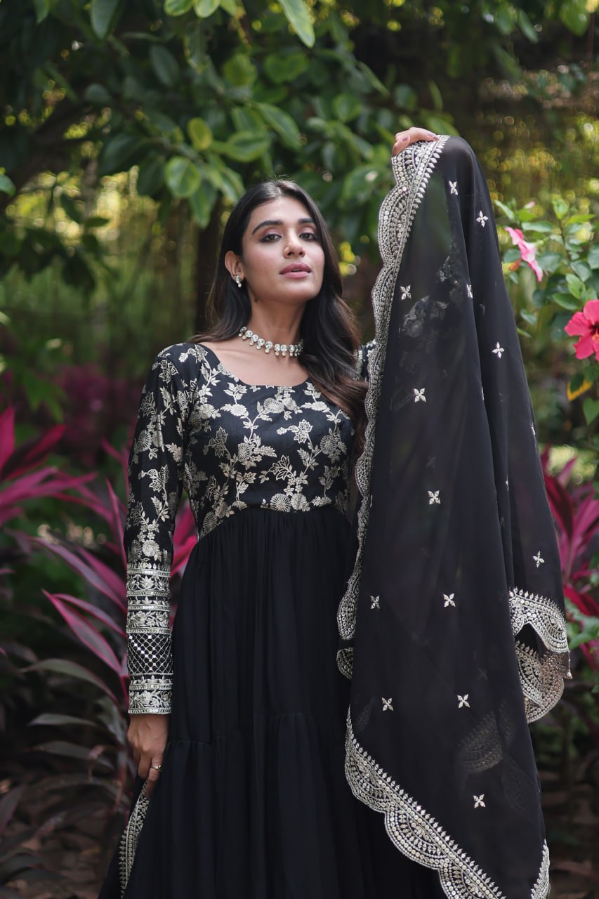 GOWN-DUPATTA COLLECTIONS Viscose Dyable Jacquard With Sequins Embroidered Work Faux Blooming Dupatta