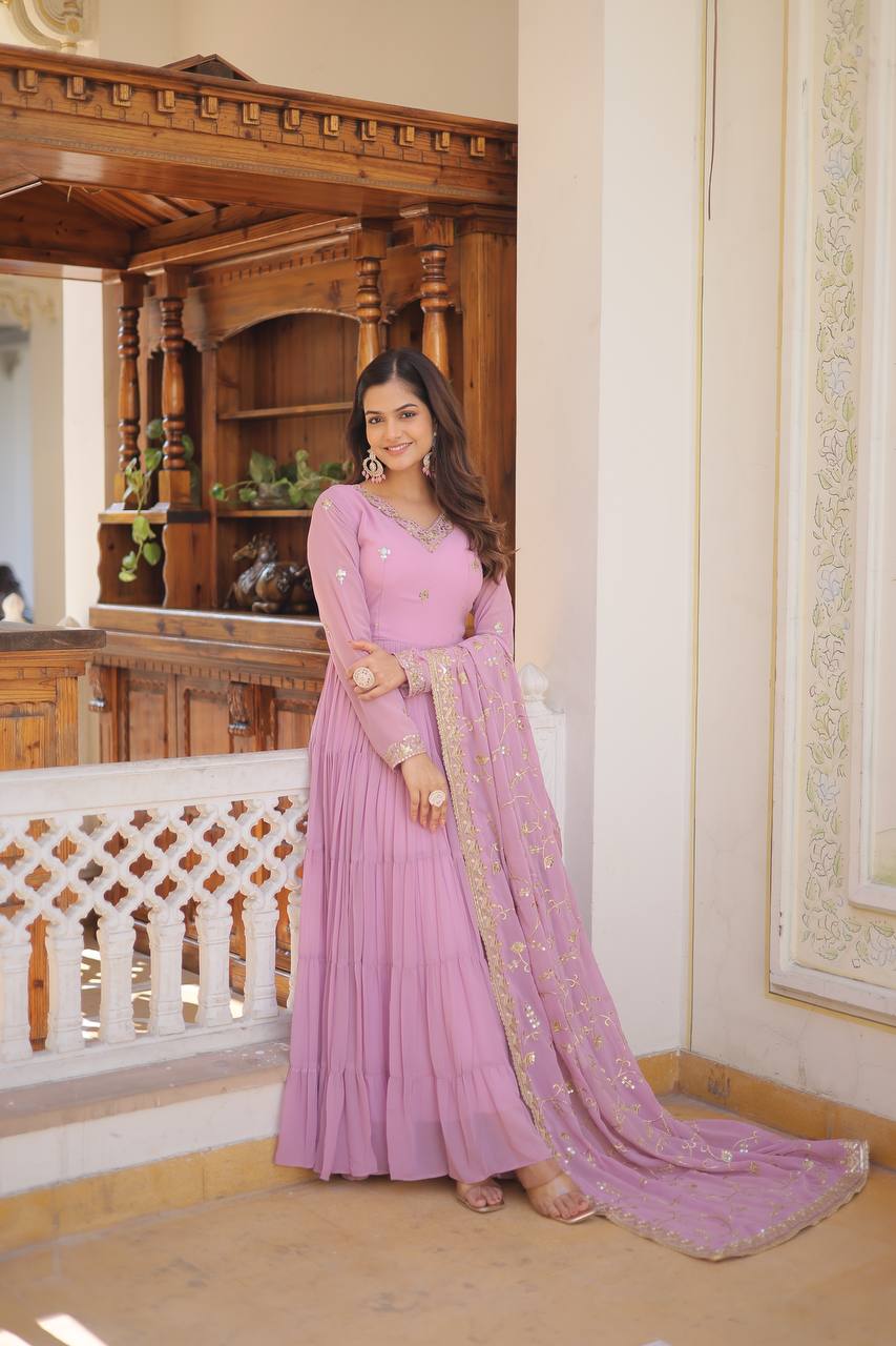 Unique Coloured Faux Georgette with Embroidered work GOWN-WITH-DUPATTA