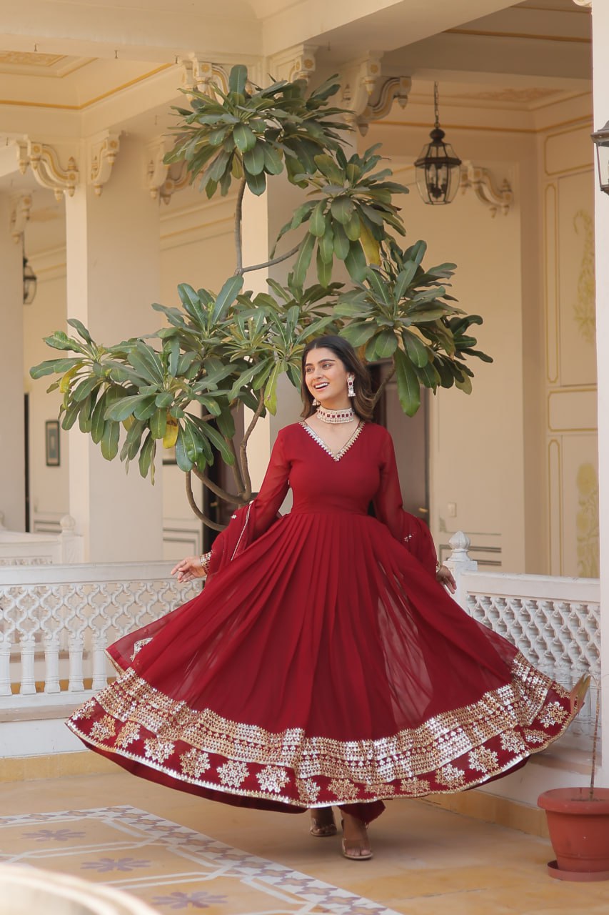 Faux Blooming Gown with Dupatta With Attractive Embroidered Sequins work gown collection