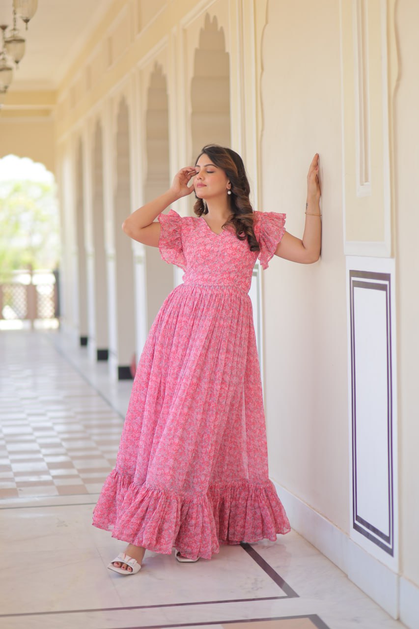 Desirable Women's Full Flaired Gown Made With Faux Georgette Fabrics With Print