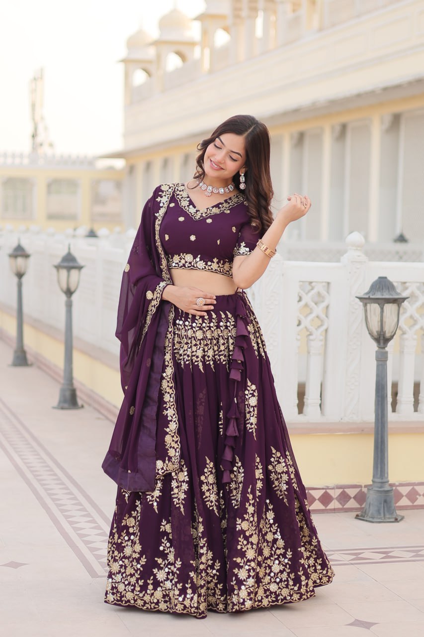 Trending Wine Embroidered Fully Flaired Georgette Lehenga Made with Rich Sequins And Thread Embroidered Work