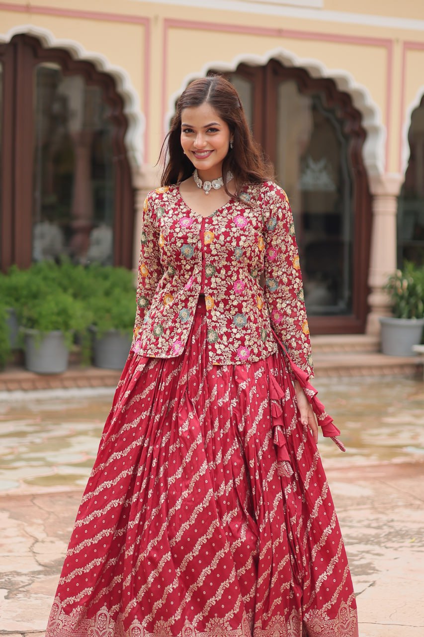 Trending Fashionable Co-ord Set with Rich Thread-Sequins Embroidered work Blouse and Dayble Viscose Lehenga