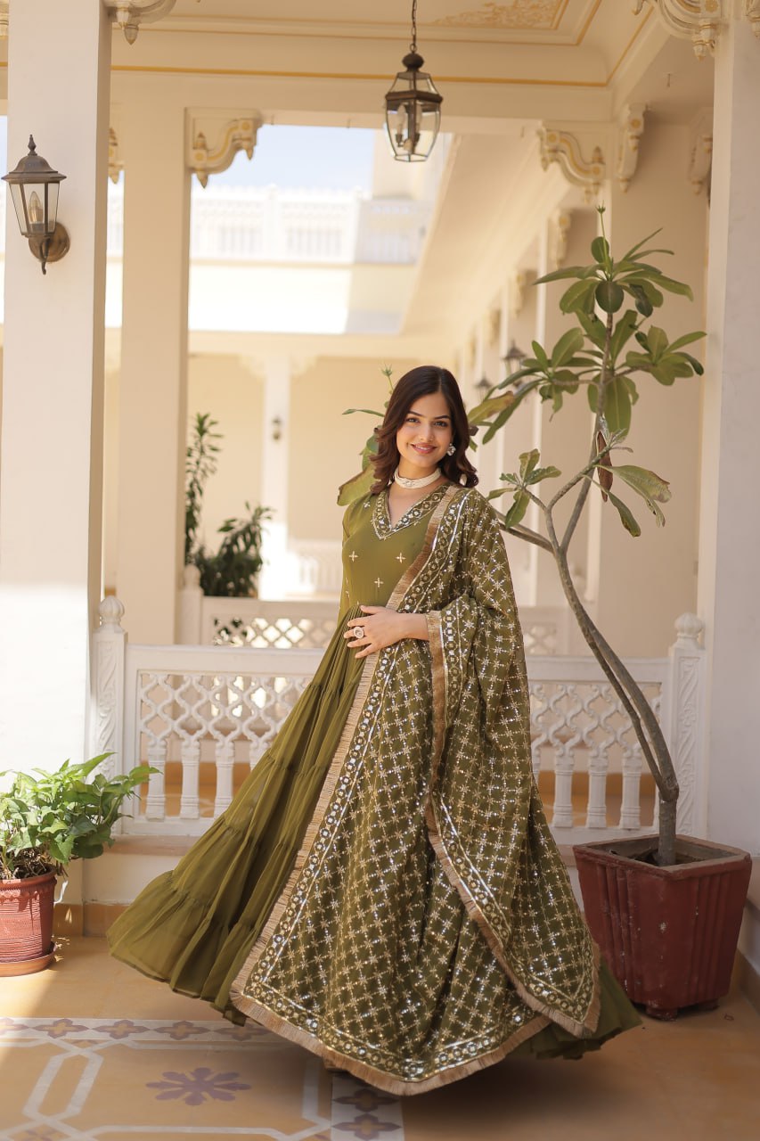 Designer Festive Wear Gown featuring Attractive Sequins Embroidery Work Gown With Dupatta