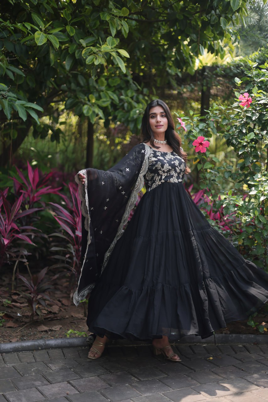 GOWN-DUPATTA COLLECTIONS Viscose Dyable Jacquard With Sequins Embroidered Work Faux Blooming Dupatta