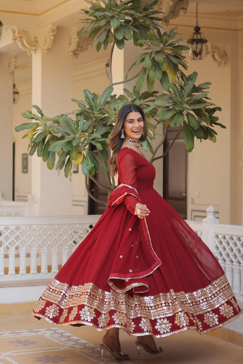 Faux Blooming Gown with Dupatta With Attractive Embroidered Sequins work gown collection