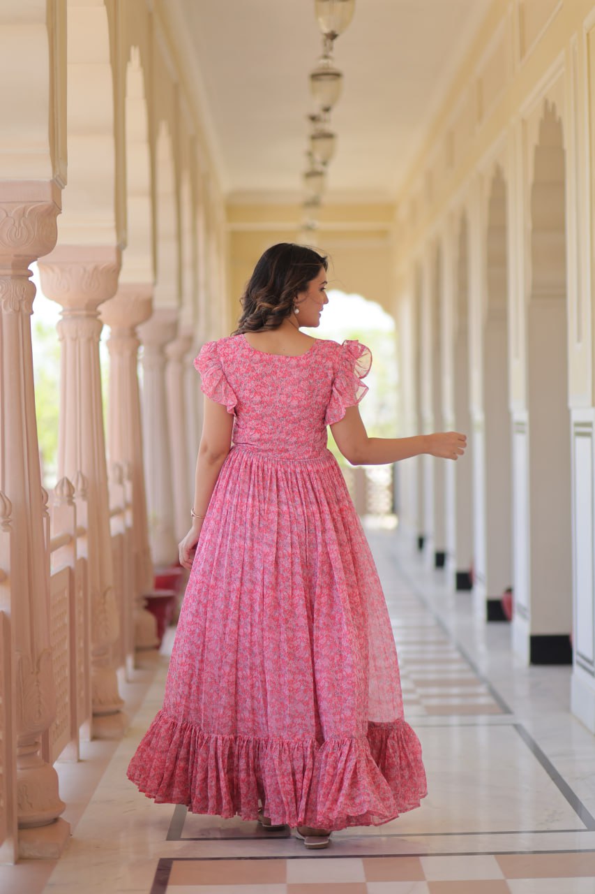 Desirable Women's Full Flaired Gown Made With Faux Georgette Fabrics With Print