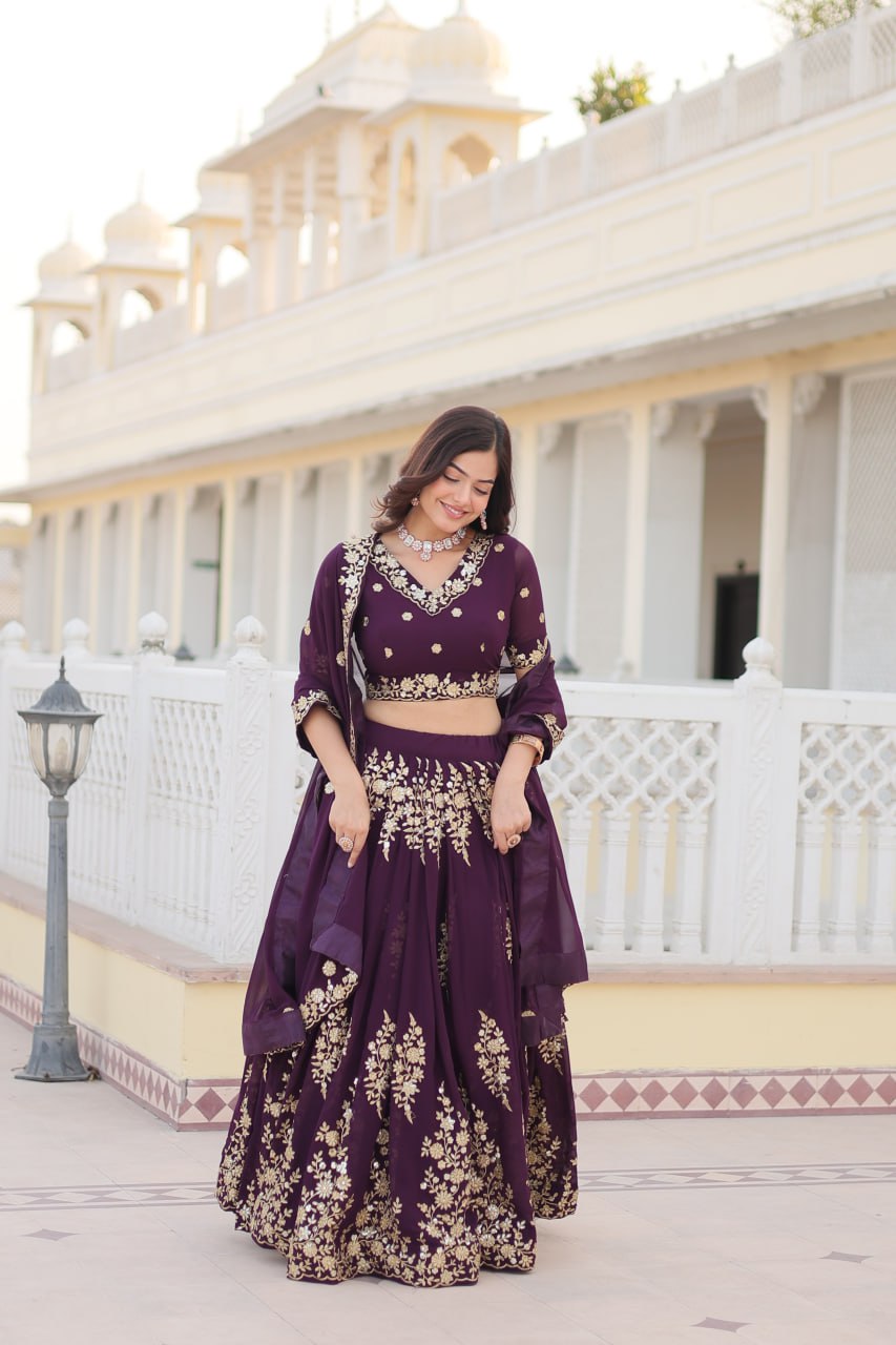 Trending Wine Embroidered Fully Flaired Georgette Lehenga Made with Rich Sequins And Thread Embroidered Work