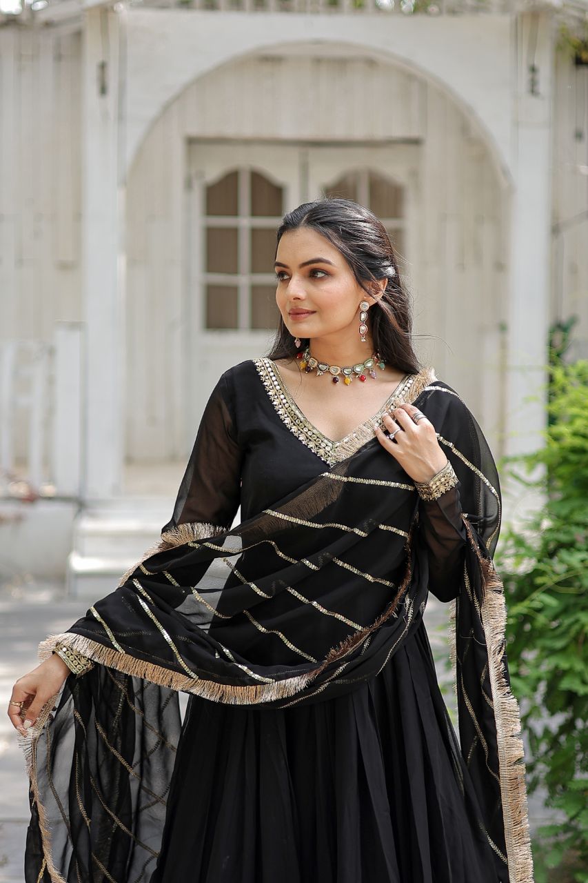 *Faux Blooming Gown with Dupatta With Attractive Embroidered Sequins work with Lace Border.
