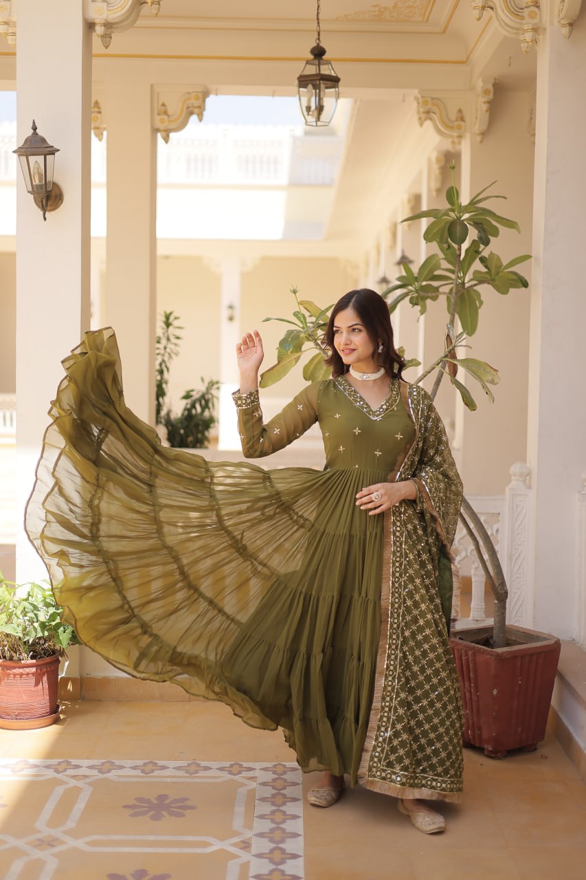 Designer Festive Wear Gown featuring Attractive Sequins Embroidery Work Gown With Dupatta