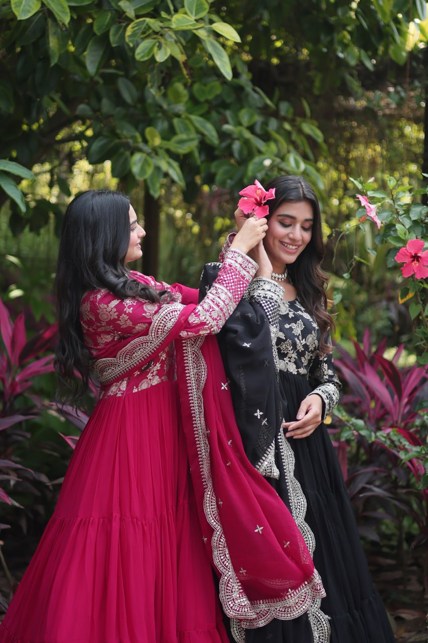 GOWN-DUPATTA COLLECTIONS Viscose Dyable Jacquard With Sequins Embroidered Work Faux Blooming Dupatta