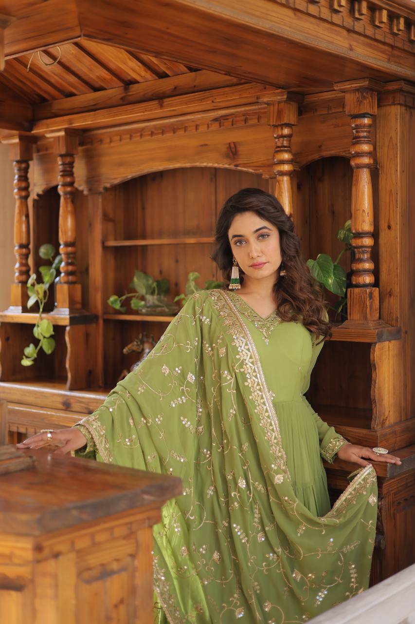 Unique Coloured Faux Georgette with Embroidered work GOWN-WITH-DUPATTA