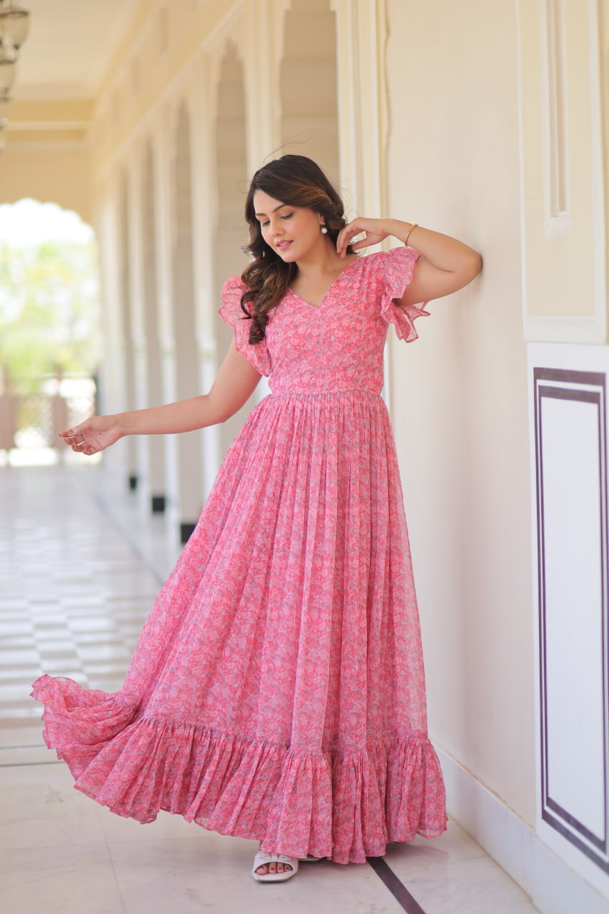 Desirable Women's Full Flaired Gown Made With Faux Georgette Fabrics With Print