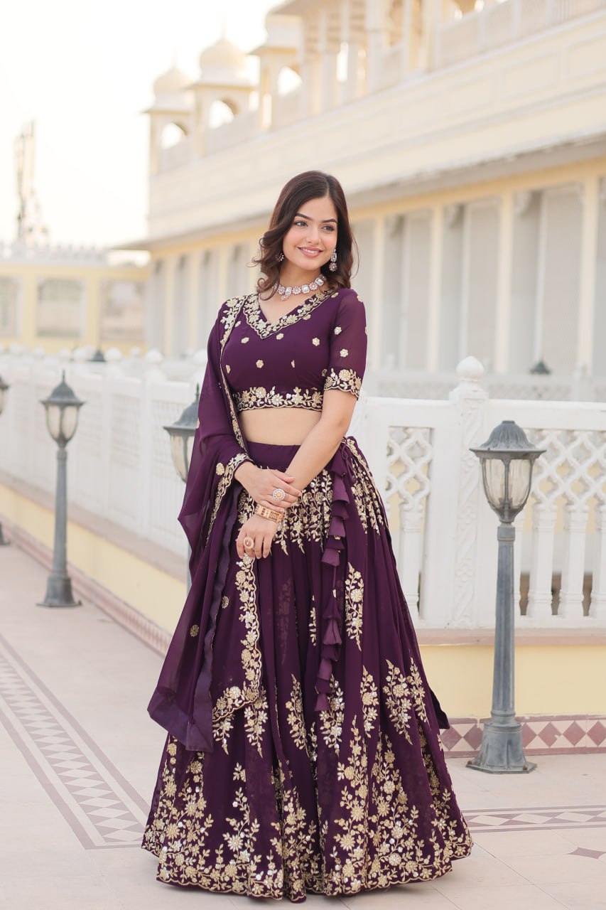 Trending Wine Embroidered Fully Flaired Georgette Lehenga Made with Rich Sequins And Thread Embroidered Work