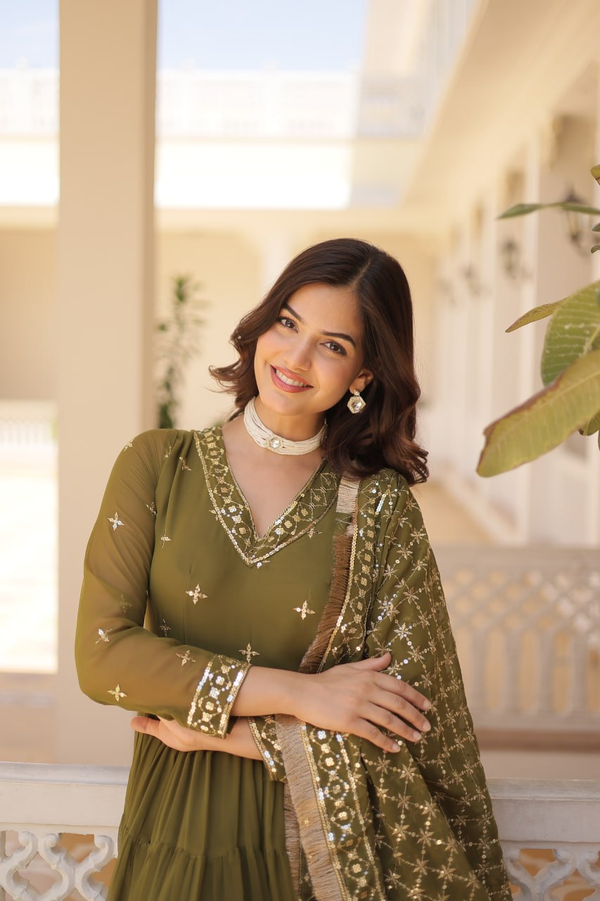 Designer Festive Wear Gown featuring Attractive Sequins Embroidery Work Gown With Dupatta