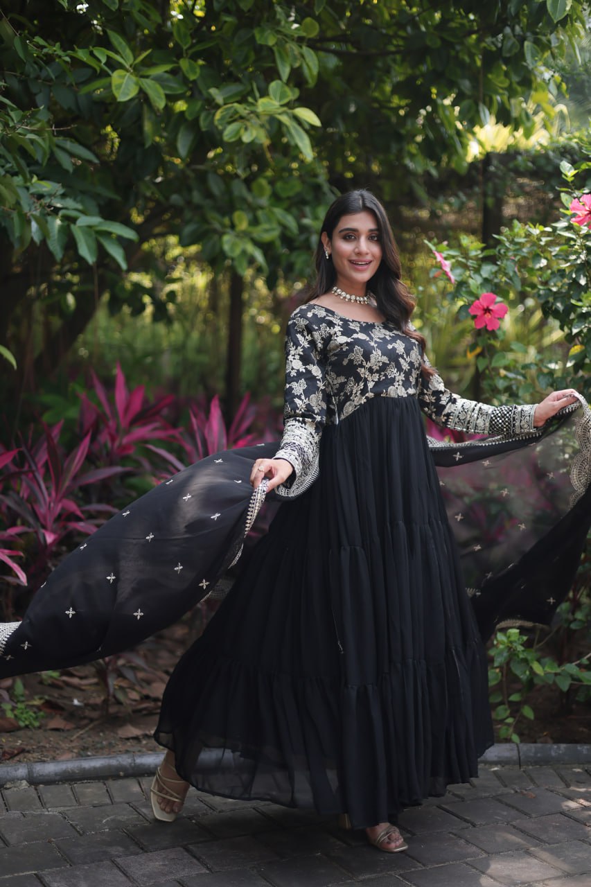 GOWN-DUPATTA COLLECTIONS Viscose Dyable Jacquard With Sequins Embroidered Work Faux Blooming Dupatta