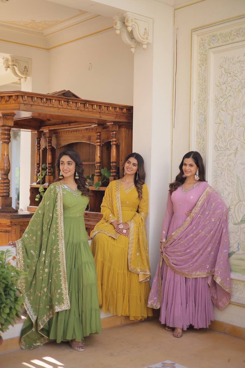 Unique Coloured Faux Georgette with Embroidered work GOWN-WITH-DUPATTA