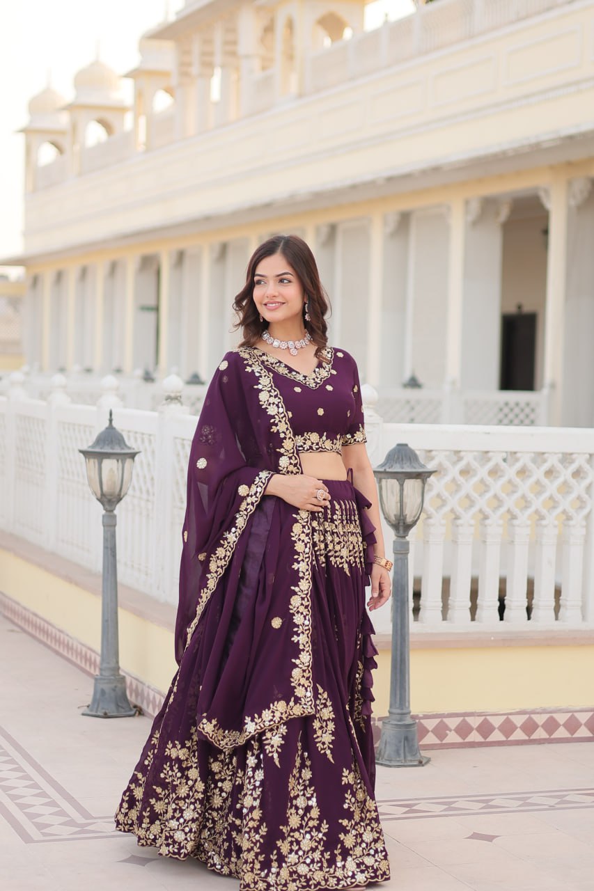 Trending Wine Embroidered Fully Flaired Georgette Lehenga Made with Rich Sequins And Thread Embroidered Work