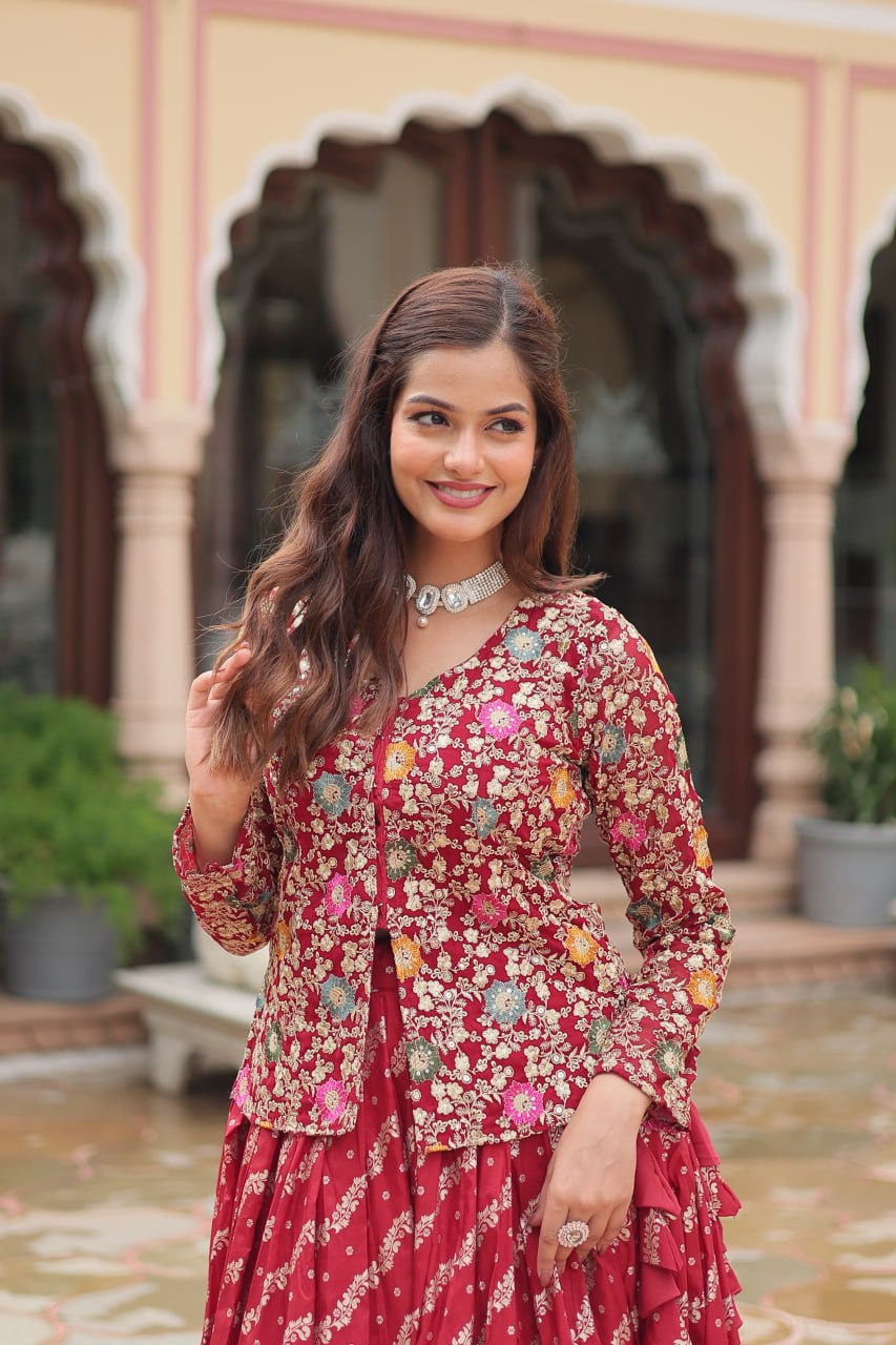 Trending Fashionable Co-ord Set with Rich Thread-Sequins Embroidered work Blouse and Dayble Viscose Lehenga