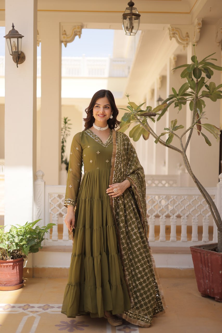 Designer Festive Wear Gown featuring Attractive Sequins Embroidery Work Gown With Dupatta
