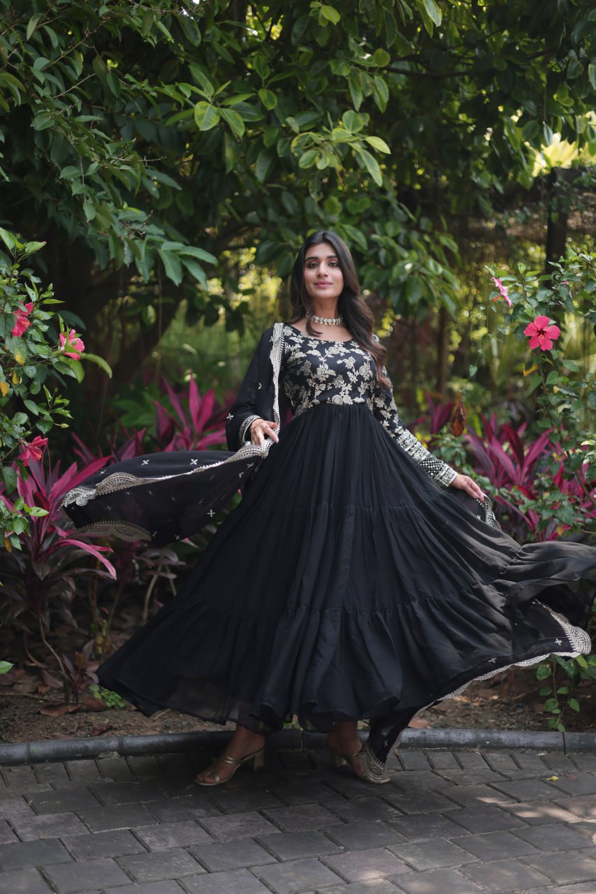 GOWN-DUPATTA COLLECTIONS Viscose Dyable Jacquard With Sequins Embroidered Work Faux Blooming Dupatta