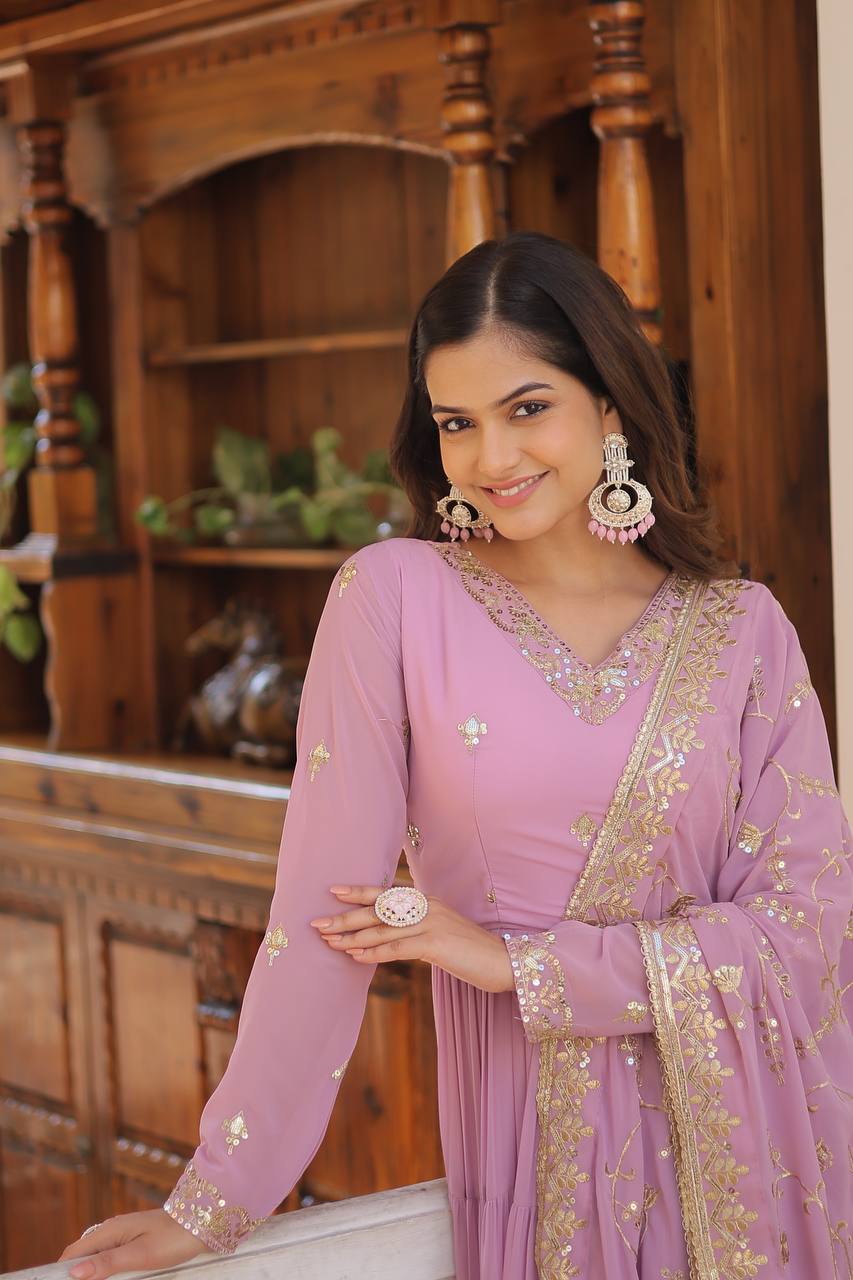 Unique Coloured Faux Georgette with Embroidered work GOWN-WITH-DUPATTA