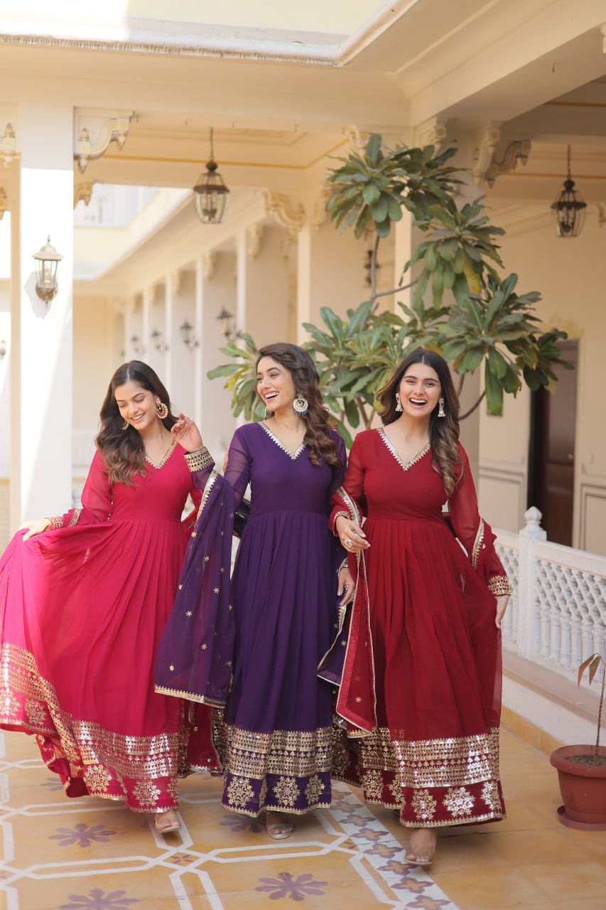 Faux Blooming Gown with Dupatta With Attractive Embroidered Sequins work gown collection
