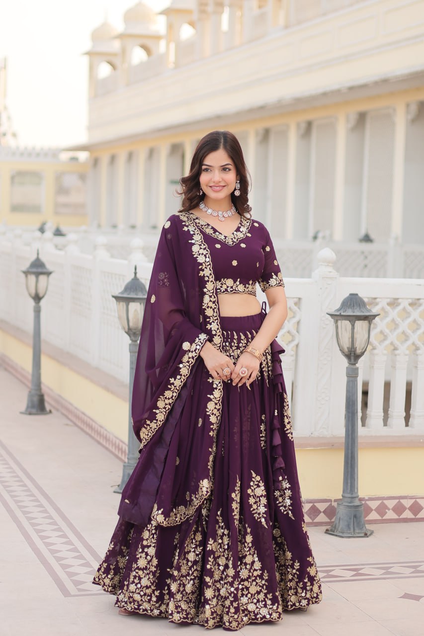 Trending Wine Embroidered Fully Flaired Georgette Lehenga Made with Rich Sequins And Thread Embroidered Work
