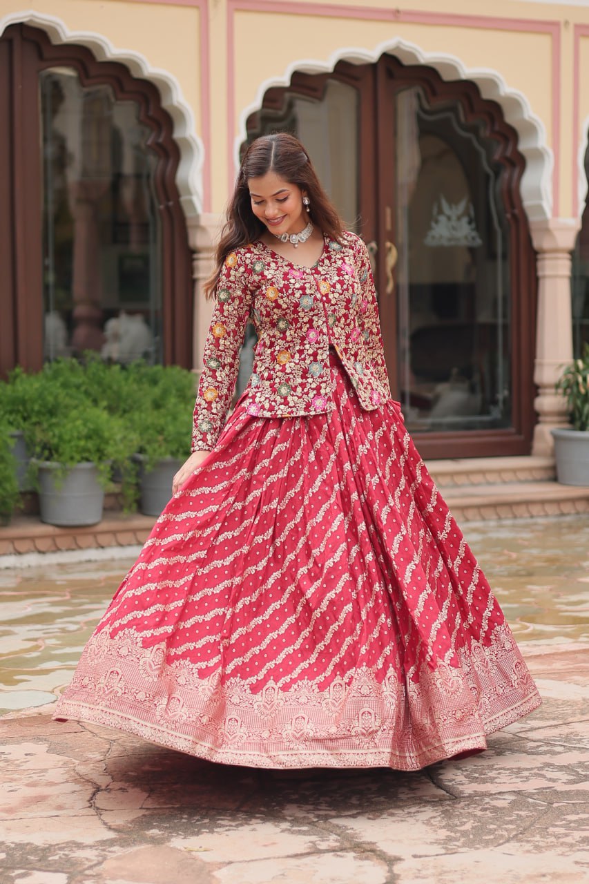 Trending Fashionable Co-ord Set with Rich Thread-Sequins Embroidered work Blouse and Dayble Viscose Lehenga