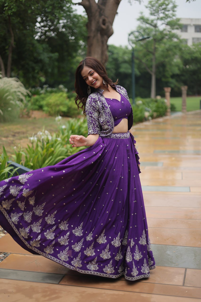 Trending Fashionable Co-ord Set with Rich Thread-Sequins Embroidered work Blouse and Dayble Viscose Lehenga Which looks Amazing for Any Functions. ๐ฅฐ