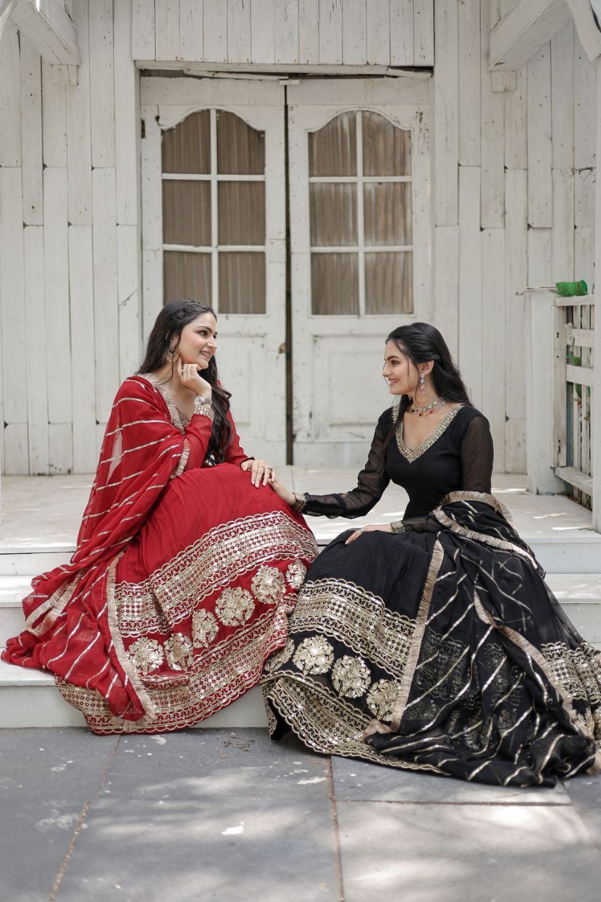 *Faux Blooming Gown with Dupatta With Attractive Embroidered Sequins work with Lace Border.