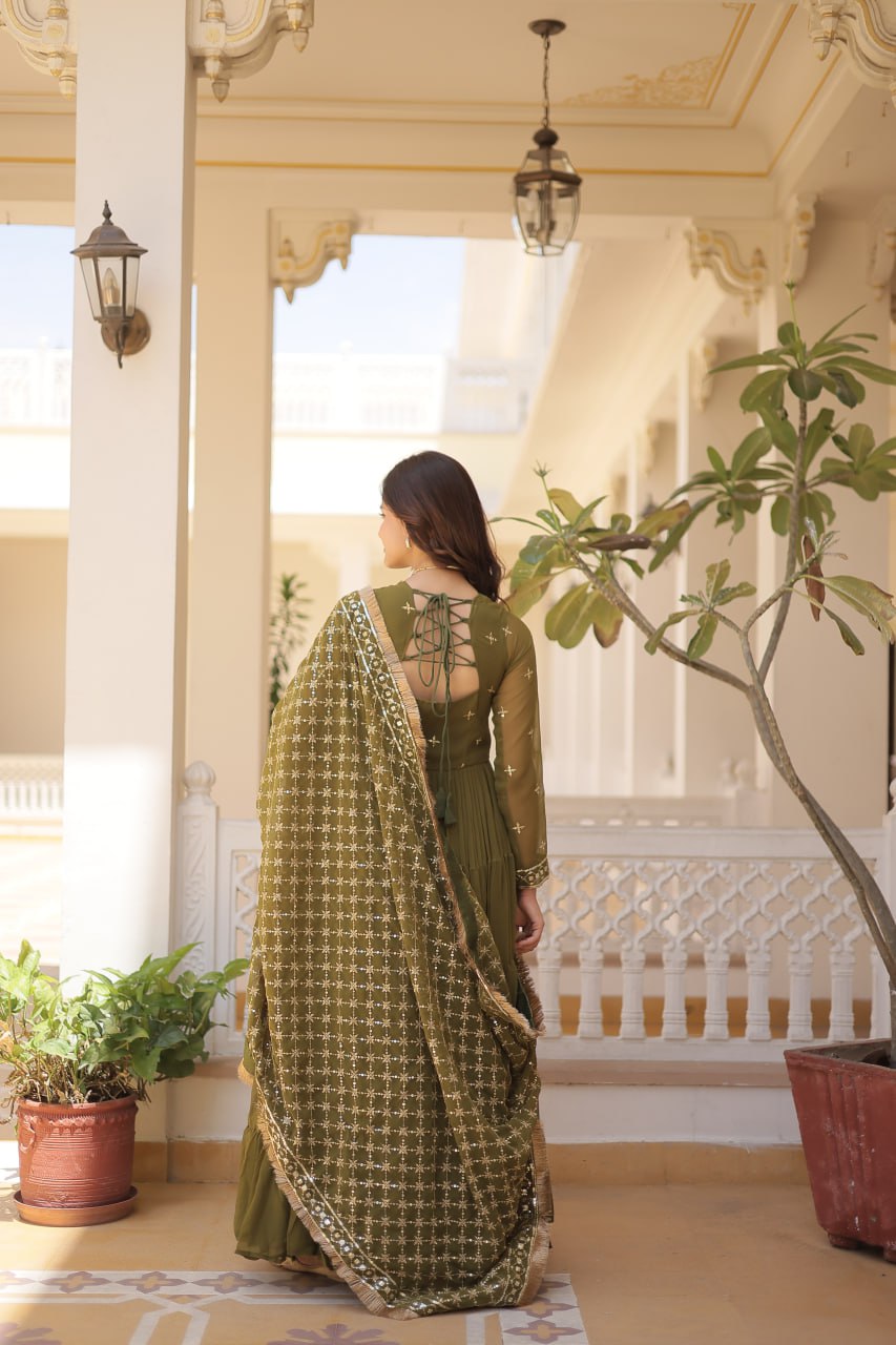 Designer Festive Wear Gown featuring Attractive Sequins Embroidery Work Gown With Dupatta