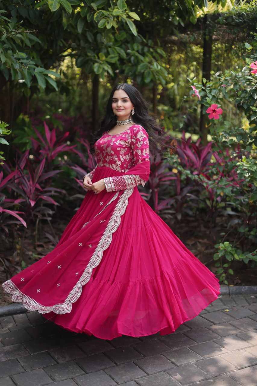 GOWN-DUPATTA COLLECTIONS Viscose Dyable Jacquard With Sequins Embroidered Work Faux Blooming Dupatta