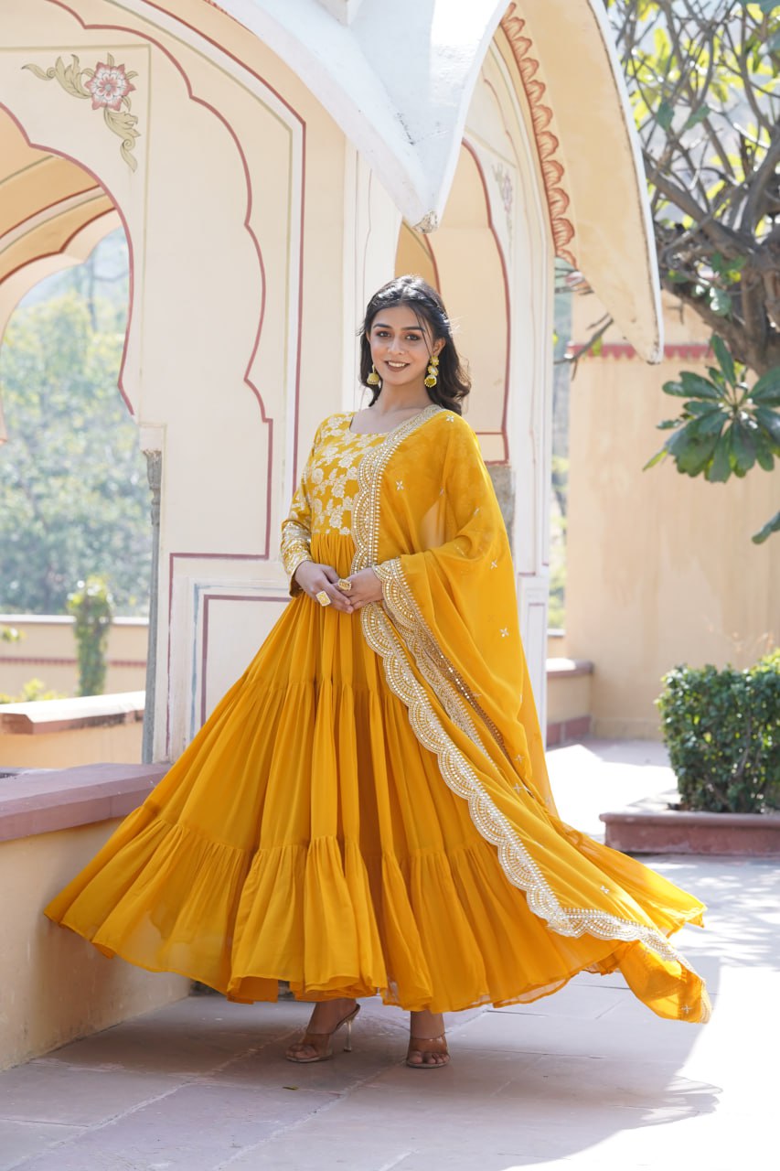 GOWN-DUPATTA COLLECTIONS Viscose Dyable Jacquard With Sequins Embroidered Work Faux Blooming Dupatta