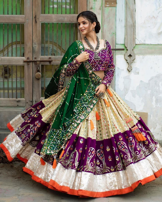 Purple Cream Lehengha Choli With Mirror Work