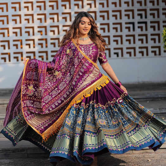 Designer Printed Lehenga Choli in Heavy Butter Silk with Real Mirror Work