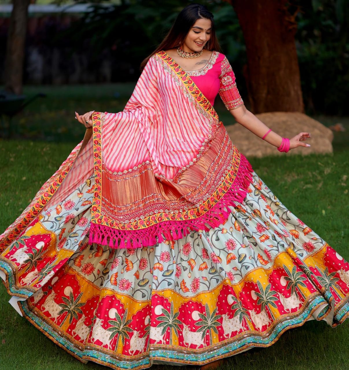 Designer Digital Printed Lehenga Choli with Dupatta in Soft Butter Silk