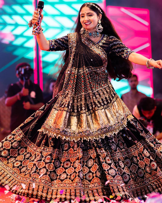 Black Circle Design Lehengha Choli With Mirror Work