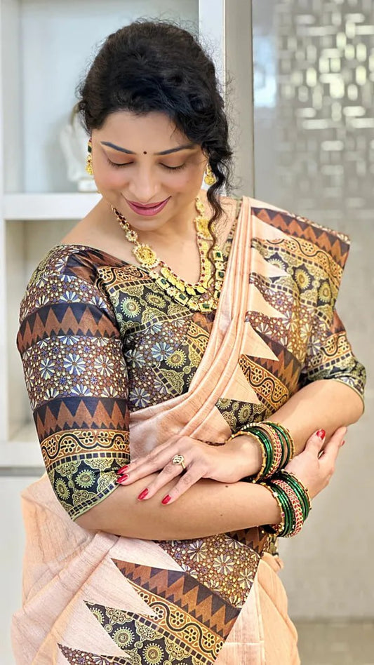 Black Ajarakh Soft Tussar Silk Saree With Beautiful Print With Attractive Pallu And Contrast Pallu  With Tassal