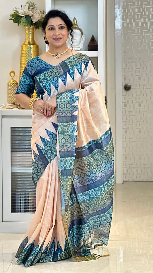 Blue Ajarakh Soft Tussar Silk Saree With Beautiful Print With Attractive Pallu And Contrast Pallu  With Tassal