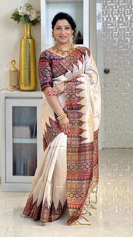 Orange Ajarakh Soft Tussar Silk Saree With Beautiful Print With Attractive Pallu And Contrast Pallu  With Tassal