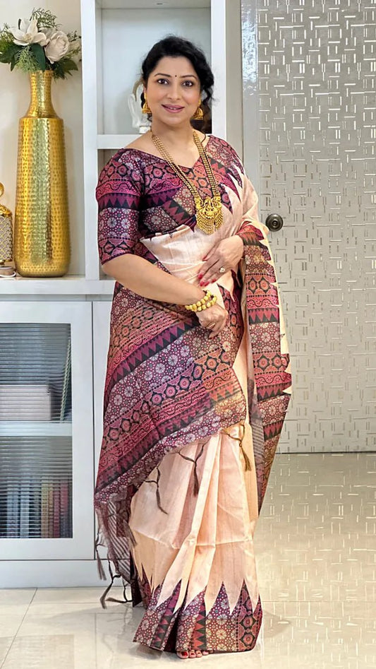 Wine Soft Tussar Silk Saree With Beautiful Print With Attractive Pallu And Contrast Pallu  With Tassal