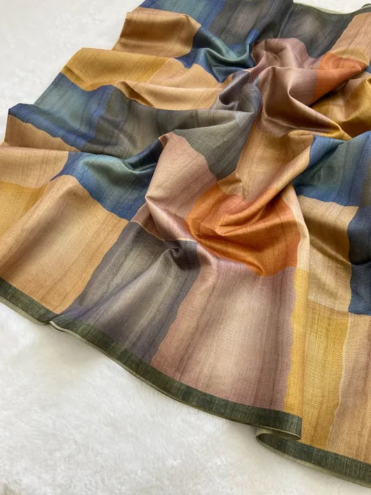 Blue Soft Tussar Silk Saree With Beautiful Print With Attractive Pallu And Contrast Pallu  With Tassal