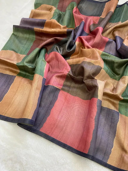 Multi Colors Soft Tussar Silk Saree With Beautiful Print With Attractive Pallu And Contrast Pallu  With Tassal