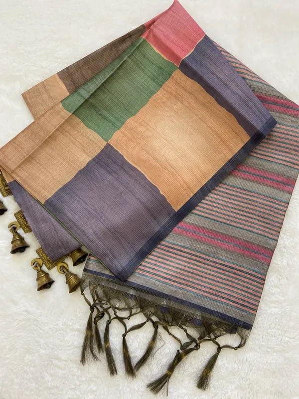 Multi Colors Soft Tussar Silk Saree With Beautiful Print With Attractive Pallu And Contrast Pallu  With Tassal