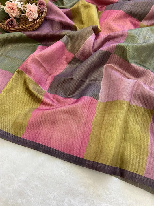 Pink Soft Tussar Silk Saree With Beautiful Print With Attractive Pallu And Contrast Pallu  With Tassal