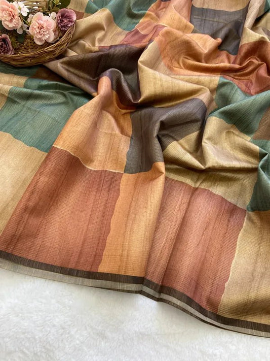 Teal Soft Tussar Silk Saree With Beautiful Print With Attractive Pallu And Contrast Pallu  With Tassal